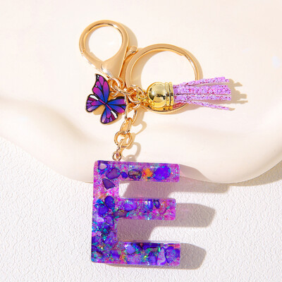 Breloc inițial cu alfabet, cu farmec violet și ciucuri, pandantiv cu litere din rășină, închizătoare cu homar, accesoriu pentru rucsac pentru femei