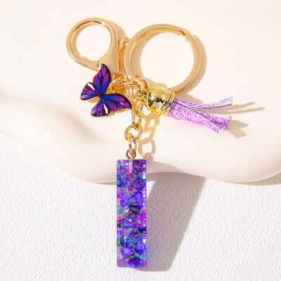 Breloc inițial cu alfabet, cu farmec violet și ciucuri, pandantiv cu litere din rășină, închizătoare cu homar, accesoriu pentru rucsac pentru femei