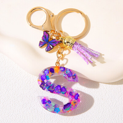 Breloc inițial cu alfabet, cu farmec violet și ciucuri, pandantiv cu litere din rășină, închizătoare cu homar, accesoriu pentru rucsac pentru femei