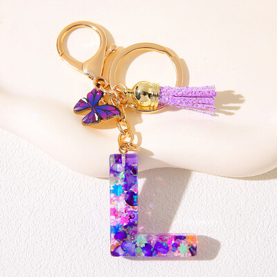 Breloc inițial cu alfabet, cu farmec violet și ciucuri, pandantiv cu litere din rășină, închizătoare cu homar, accesoriu pentru rucsac pentru femei