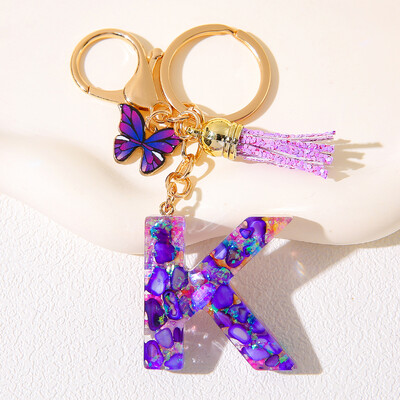 Breloc inițial cu alfabet, cu farmec violet și ciucuri, pandantiv cu litere din rășină, închizătoare cu homar, accesoriu pentru rucsac pentru femei