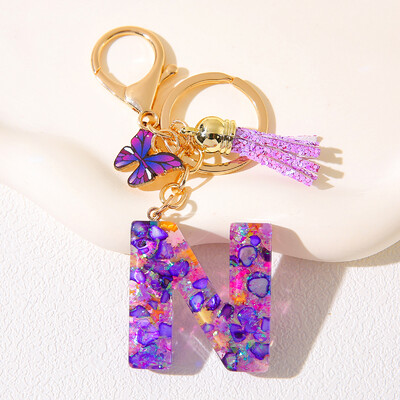 Breloc inițial cu alfabet, cu farmec violet și ciucuri, pandantiv cu litere din rășină, închizătoare cu homar, accesoriu pentru rucsac pentru femei