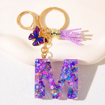Breloc inițial cu alfabet, cu farmec violet și ciucuri, pandantiv cu litere din rășină, închizătoare cu homar, accesoriu pentru rucsac pentru femei