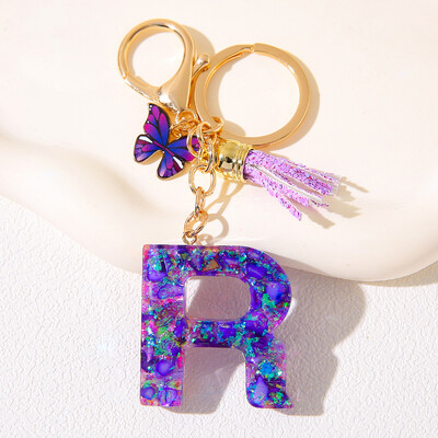 Breloc inițial cu alfabet, cu farmec violet și ciucuri, pandantiv cu litere din rășină, închizătoare cu homar, accesoriu pentru rucsac pentru femei