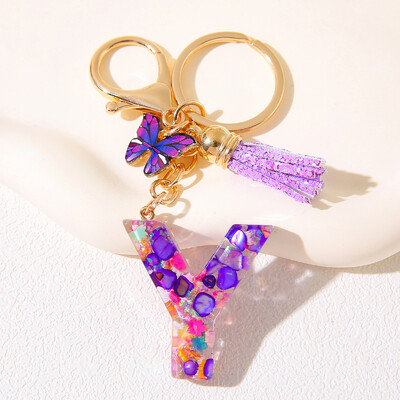 Breloc inițial cu alfabet, cu farmec violet și ciucuri, pandantiv cu litere din rășină, închizătoare cu homar, accesoriu pentru rucsac pentru femei