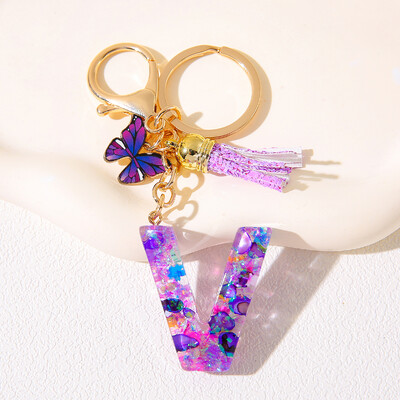 Breloc inițial cu alfabet, cu farmec violet și ciucuri, pandantiv cu litere din rășină, închizătoare cu homar, accesoriu pentru rucsac pentru femei