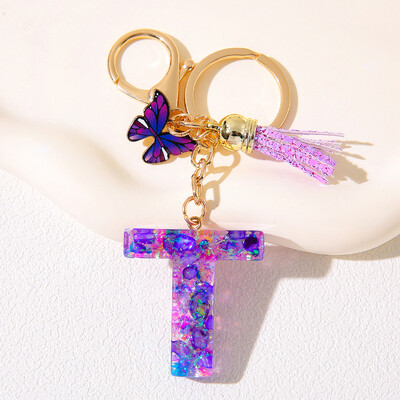 Breloc inițial cu alfabet, cu farmec violet și ciucuri, pandantiv cu litere din rășină, închizătoare cu homar, accesoriu pentru rucsac pentru femei