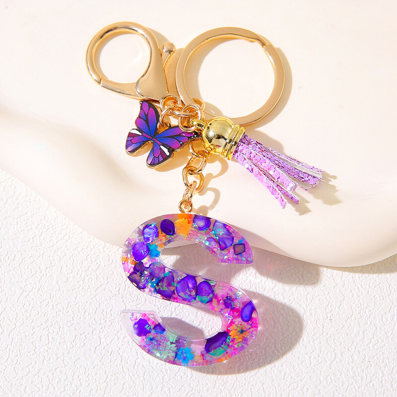 Breloc inițial cu alfabet, cu farmec violet și ciucuri, pandantiv cu litere din rășină, închizătoare cu homar, accesoriu pentru rucsac pentru femei