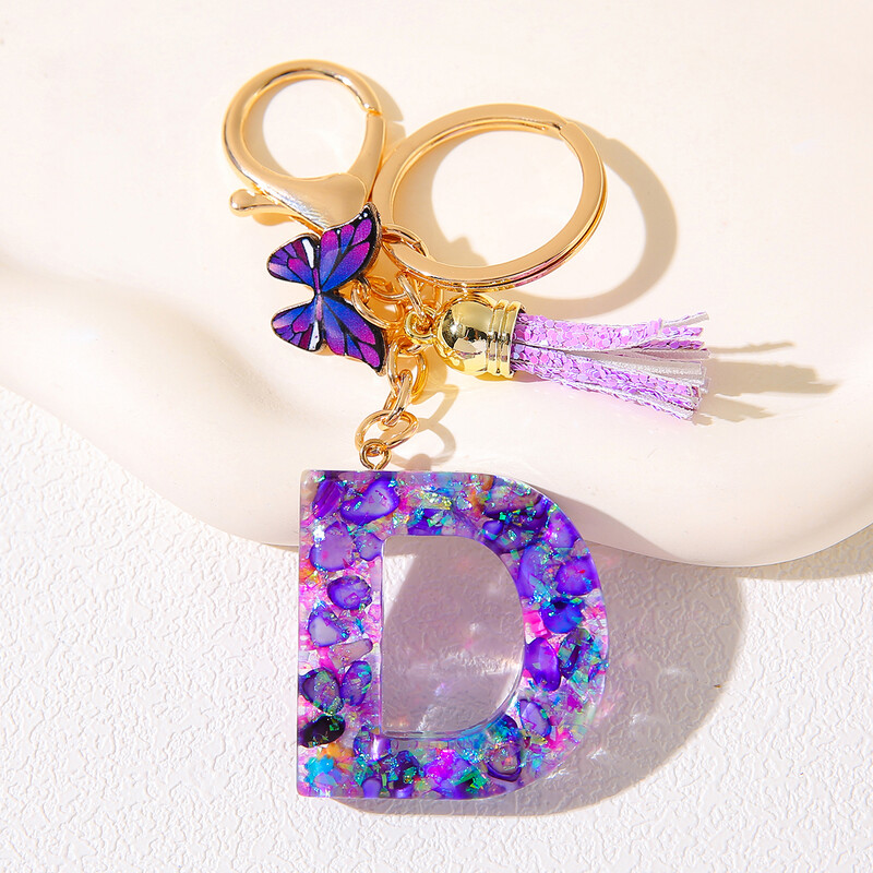 Breloc inițial cu alfabet, cu farmec violet și ciucuri, pandantiv cu litere din rășină, închizătoare cu homar, accesoriu pentru rucsac pentru femei