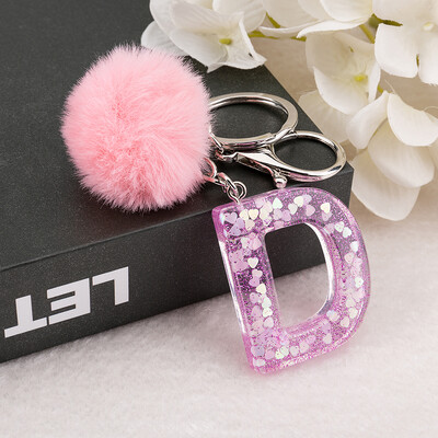 1vnt Raktų pakabukas Rožinės spalvos Anglų raidžių raktų pakabukas su Puffer Ball 26 angliškas žodis Glitter Resin A TO Q Rankinės žavesiai moterims