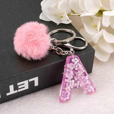 1vnt Raktų pakabukas Rožinės spalvos Anglų raidžių raktų pakabukas su Puffer Ball 26 angliškas žodis Glitter Resin A TO Q Rankinės žavesiai moterims