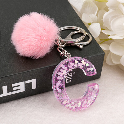1vnt Raktų pakabukas Rožinės spalvos Anglų raidžių raktų pakabukas su Puffer Ball 26 angliškas žodis Glitter Resin A TO Q Rankinės žavesiai moterims