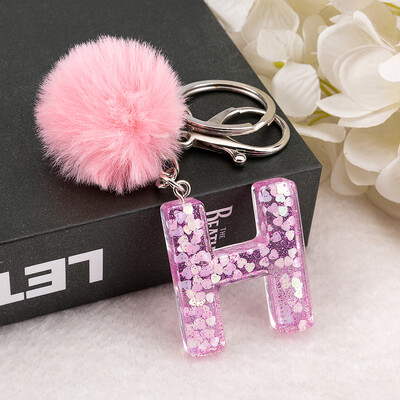 1vnt Raktų pakabukas Rožinės spalvos Anglų raidžių raktų pakabukas su Puffer Ball 26 angliškas žodis Glitter Resin A TO Q Rankinės žavesiai moterims