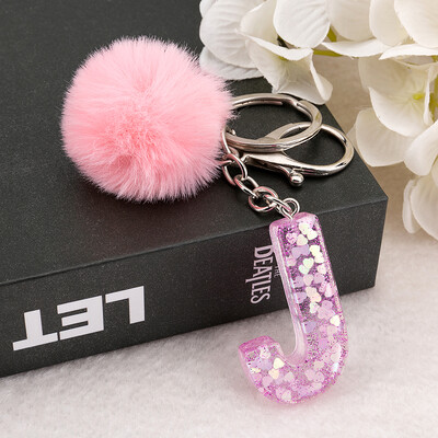 1vnt Raktų pakabukas Rožinės spalvos Anglų raidžių raktų pakabukas su Puffer Ball 26 angliškas žodis Glitter Resin A TO Q Rankinės žavesiai moterims
