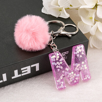 1vnt Raktų pakabukas Rožinės spalvos Anglų raidžių raktų pakabukas su Puffer Ball 26 angliškas žodis Glitter Resin A TO Q Rankinės žavesiai moterims