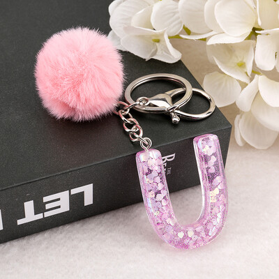 1vnt Raktų pakabukas Rožinės spalvos Anglų raidžių raktų pakabukas su Puffer Ball 26 angliškas žodis Glitter Resin A TO Q Rankinės žavesiai moterims
