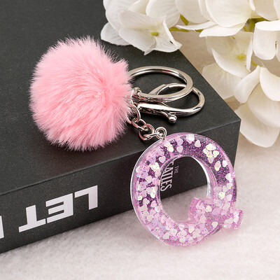 1vnt Raktų pakabukas Rožinės spalvos Anglų raidžių raktų pakabukas su Puffer Ball 26 angliškas žodis Glitter Resin A TO Q Rankinės žavesiai moterims