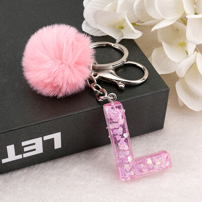 1vnt Raktų pakabukas Rožinės spalvos Anglų raidžių raktų pakabukas su Puffer Ball 26 angliškas žodis Glitter Resin A TO Q Rankinės žavesiai moterims