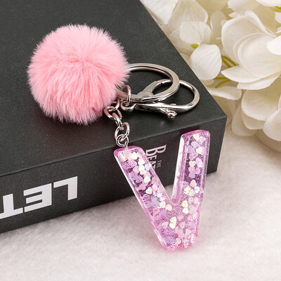 1vnt Raktų pakabukas Rožinės spalvos Anglų raidžių raktų pakabukas su Puffer Ball 26 angliškas žodis Glitter Resin A TO Q Rankinės žavesiai moterims