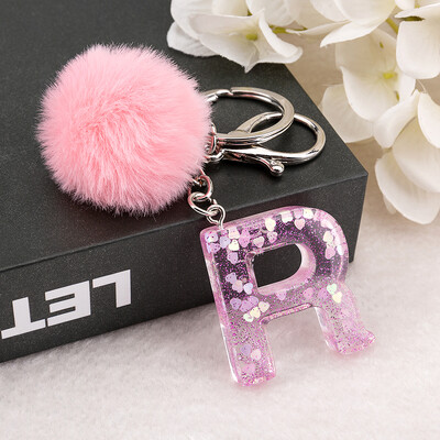 1vnt Raktų pakabukas Rožinės spalvos Anglų raidžių raktų pakabukas su Puffer Ball 26 angliškas žodis Glitter Resin A TO Q Rankinės žavesiai moterims