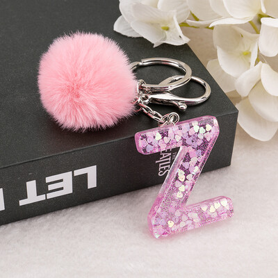 1vnt Raktų pakabukas Rožinės spalvos Anglų raidžių raktų pakabukas su Puffer Ball 26 angliškas žodis Glitter Resin A TO Q Rankinės žavesiai moterims