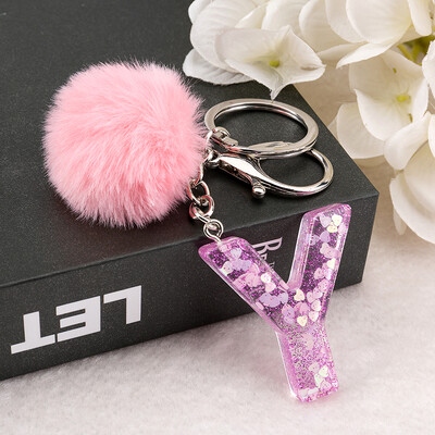 1vnt Raktų pakabukas Rožinės spalvos Anglų raidžių raktų pakabukas su Puffer Ball 26 angliškas žodis Glitter Resin A TO Q Rankinės žavesiai moterims