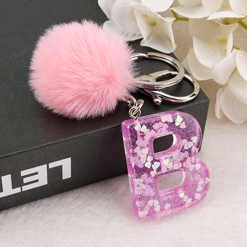 Breloc de chei de culoare roz, cu litere engleză, cu bile puffer, 26 cuvinte englezești, rășină cu sclipici A TO Q, brelocuri pentru genți pentru femei