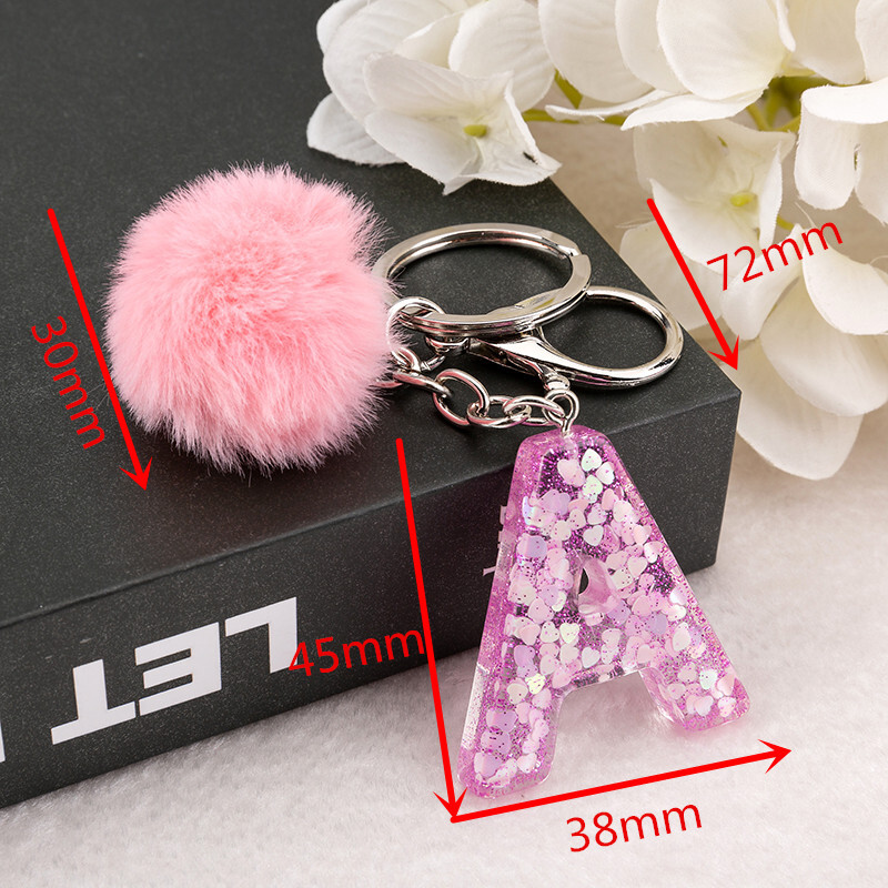 Breloc de chei de culoare roz, cu litere engleză, cu bile puffer, 26 cuvinte englezești, rășină cu sclipici A TO Q, brelocuri pentru genți pentru femei