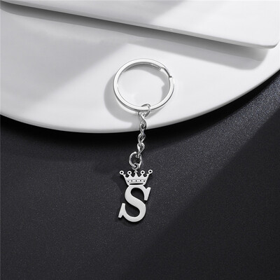 Coroană unică DIY, din oțel inoxidabil, cu litere AZ, brelocuri cu pandantiv pentru bărbați, femei, 26 alfabet, breloc mașină, nume, bijuterii, brelocuri, cadou