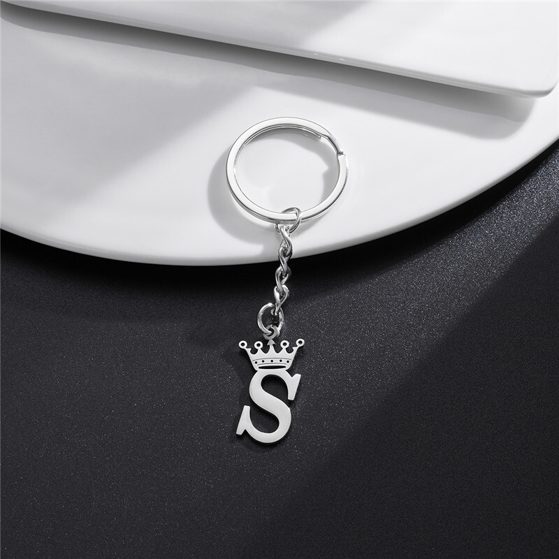 Coroană unică DIY, din oțel inoxidabil, cu litere AZ, brelocuri cu pandantiv pentru bărbați, femei, 26 alfabet, breloc mașină, nume, bijuterii, brelocuri, cadou