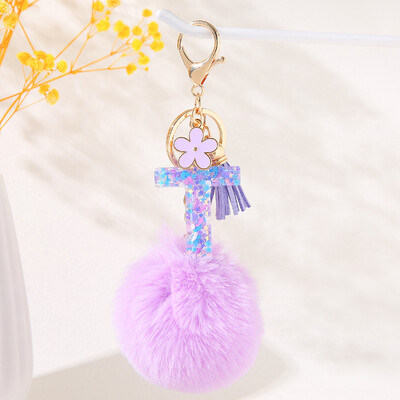 Violetinė gėlių abėcėlės raidžių raktų pakabukas su pliušiniu pompomo dervos blizgučiu Pradinis raktų pakabukas Raktų pakabukas Moteriškas individualumo aksesuaras