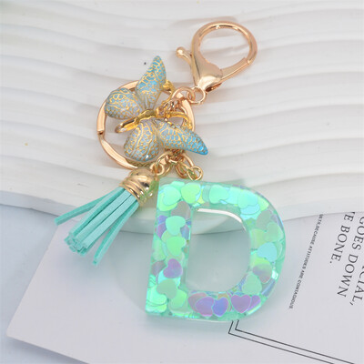 Breloc cu paiete inimă verde cu sclipici Inițiale din rășină Breloc cu fluture Rucsac Accesorii Decor Femei Fete Cadouri de petrecere