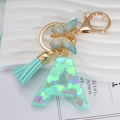 Breloc cu paiete inimă verde cu sclipici Inițiale din rășină Breloc cu fluture Rucsac Accesorii Decor Femei Fete Cadouri de petrecere