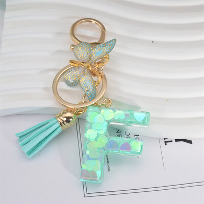 Breloc cu paiete inimă verde cu sclipici Inițiale din rășină Breloc cu fluture Rucsac Accesorii Decor Femei Fete Cadouri de petrecere