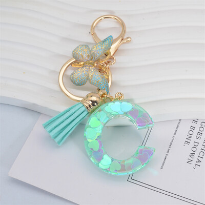 Breloc cu paiete inimă verde cu sclipici Inițiale din rășină Breloc cu fluture Rucsac Accesorii Decor Femei Fete Cadouri de petrecere