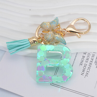 Breloc cu paiete inimă verde cu sclipici Inițiale din rășină Breloc cu fluture Rucsac Accesorii Decor Femei Fete Cadouri de petrecere