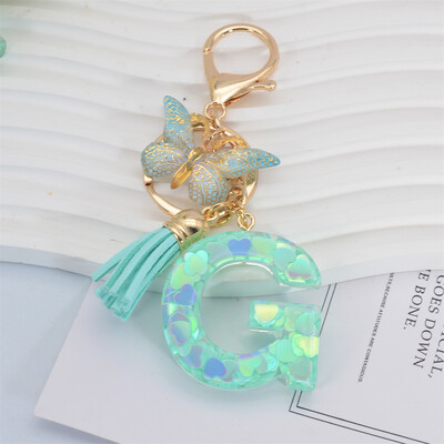 Breloc cu paiete inimă verde cu sclipici Inițiale din rășină Breloc cu fluture Rucsac Accesorii Decor Femei Fete Cadouri de petrecere