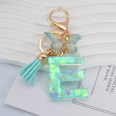 Breloc cu paiete inimă verde cu sclipici Inițiale din rășină Breloc cu fluture Rucsac Accesorii Decor Femei Fete Cadouri de petrecere