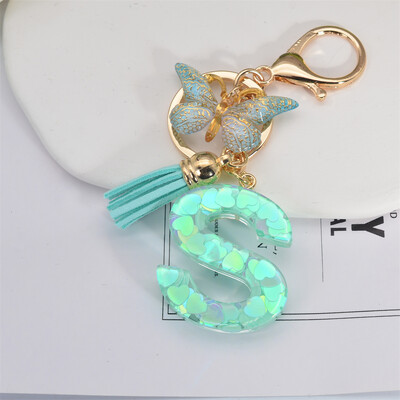 Breloc cu paiete inimă verde cu sclipici Inițiale din rășină Breloc cu fluture Rucsac Accesorii Decor Femei Fete Cadouri de petrecere