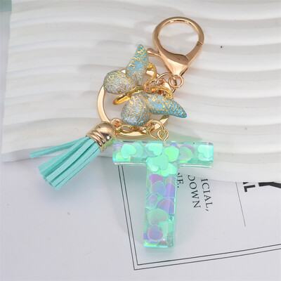 Breloc cu paiete inimă verde cu sclipici Inițiale din rășină Breloc cu fluture Rucsac Accesorii Decor Femei Fete Cadouri de petrecere