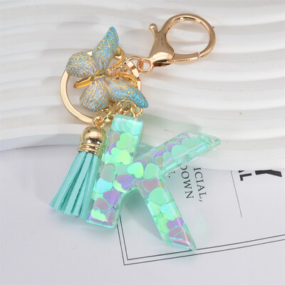 Breloc cu paiete inimă verde cu sclipici Inițiale din rășină Breloc cu fluture Rucsac Accesorii Decor Femei Fete Cadouri de petrecere