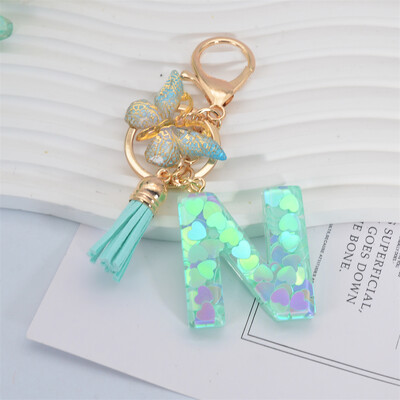 Breloc cu paiete inimă verde cu sclipici Inițiale din rășină Breloc cu fluture Rucsac Accesorii Decor Femei Fete Cadouri de petrecere