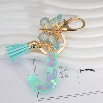 Breloc cu paiete inimă verde cu sclipici Inițiale din rășină Breloc cu fluture Rucsac Accesorii Decor Femei Fete Cadouri de petrecere