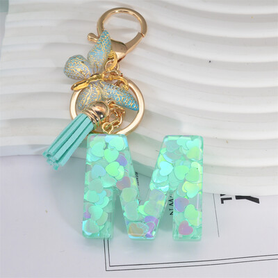 Breloc cu paiete inimă verde cu sclipici Inițiale din rășină Breloc cu fluture Rucsac Accesorii Decor Femei Fete Cadouri de petrecere