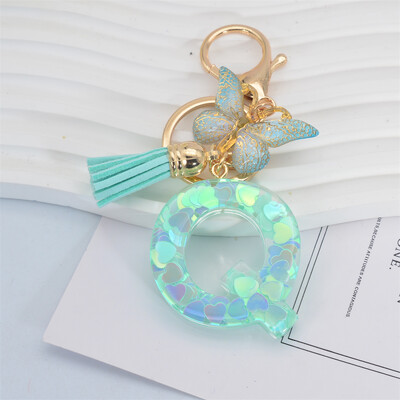 Breloc cu paiete inimă verde cu sclipici Inițiale din rășină Breloc cu fluture Rucsac Accesorii Decor Femei Fete Cadouri de petrecere