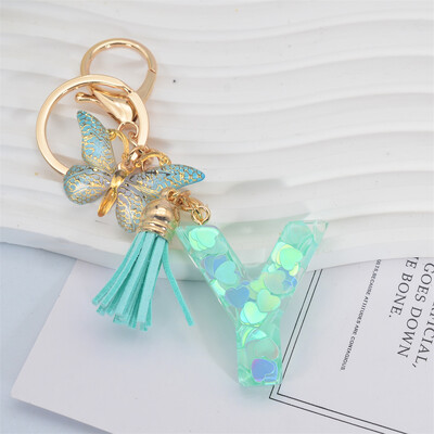 Breloc cu paiete inimă verde cu sclipici Inițiale din rășină Breloc cu fluture Rucsac Accesorii Decor Femei Fete Cadouri de petrecere