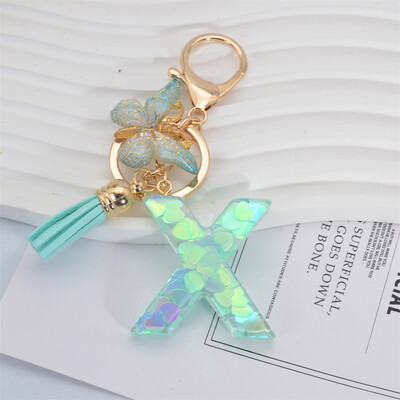 Breloc cu paiete inimă verde cu sclipici Inițiale din rășină Breloc cu fluture Rucsac Accesorii Decor Femei Fete Cadouri de petrecere