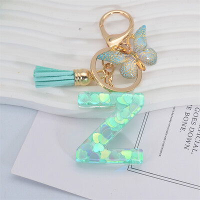 Breloc cu paiete inimă verde cu sclipici Inițiale din rășină Breloc cu fluture Rucsac Accesorii Decor Femei Fete Cadouri de petrecere