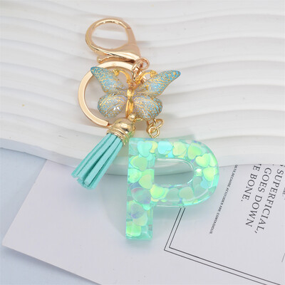 Breloc cu paiete inimă verde cu sclipici Inițiale din rășină Breloc cu fluture Rucsac Accesorii Decor Femei Fete Cadouri de petrecere