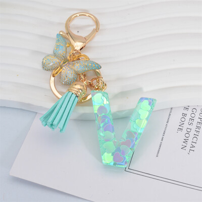 Breloc cu paiete inimă verde cu sclipici Inițiale din rășină Breloc cu fluture Rucsac Accesorii Decor Femei Fete Cadouri de petrecere